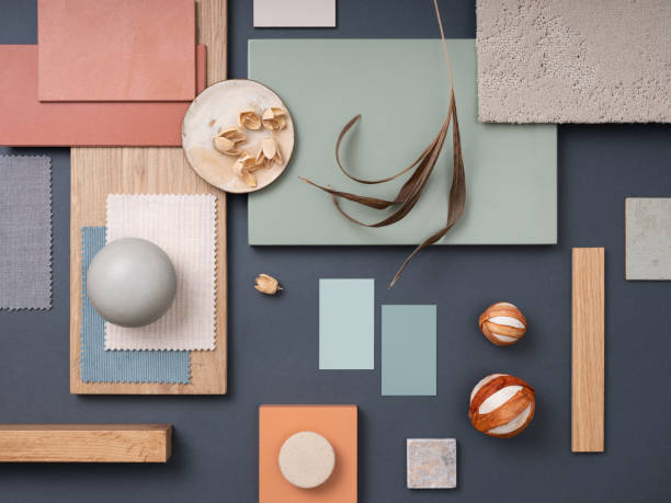 istock Creative flat lay composition with textile and paint samples, panels and cement tiles. Stylish interior designer moodboard. Blue, beige and brown color palette. Copy space. Template. 1700069096