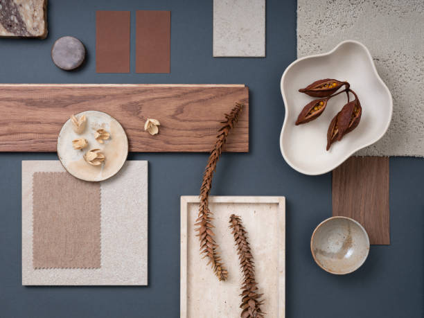 istock Elegant flat lay composition with textile and paint samples, panels and cement tiles. Stylish interior designer moodboard. Blue, beige and brown color palette. Copy space. Template. 1700069099