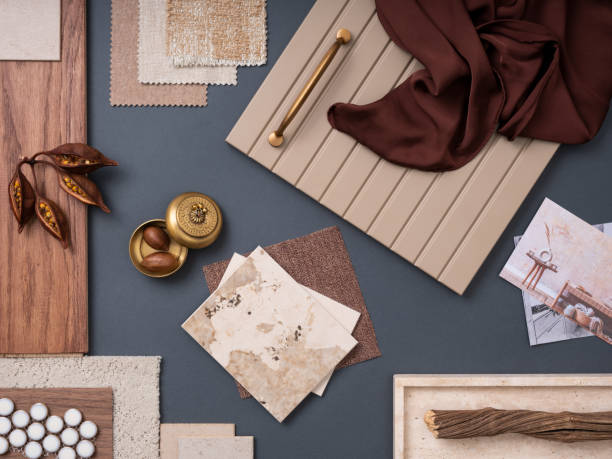 istock Creative flat lay composition with textile and paint samples, panels and cement tiles. Stylish interior designer moodboard. Blue, beige and brown color palette. Copy space. Template. 1700069119