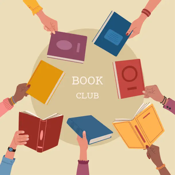 Vector illustration of Diverse hands holding books. Book club lettering. Education concept.