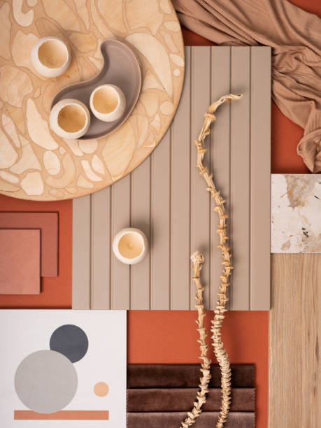 istock Colorful flat lay composition with textile and paint samples, panels and cement tiles. Stylish interior designer moodboard. Orange and beige color palette. Copy space. Template 1700069646