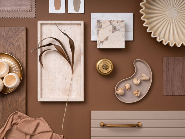 Elegant  flat lay composition in brown and beige color palette with textile and paint samples, lamella panels and tiles. Architect and interior designer moodboard. Top view. Copy space.