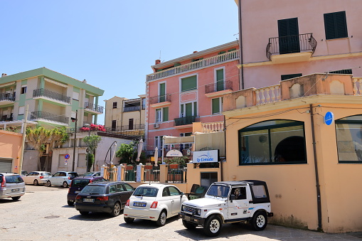 May 23 2023 - Arbatax, Sardinia in Italy: picturesque houses in the town on a sunny day