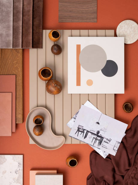 istock Colorful flat lay composition with textile and paint samples, panels and cement tiles. Stylish interior designer moodboard. Orange and beige color palette. Copy space. Template 1700070187