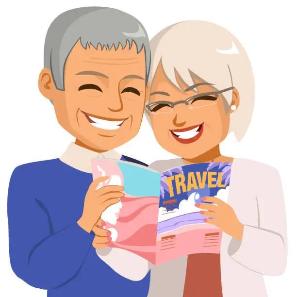 Vector illustration of Senior Travel Reading Travel Guidebook