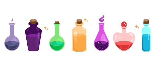 Colourful set collection of potion jars with magic liquids and substances. Design element icon for poison bottles or elixir isolated on white background.