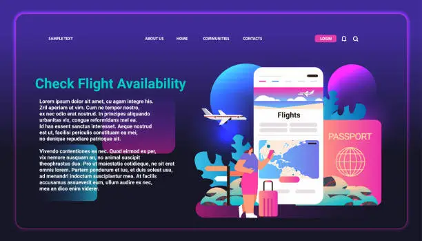 Vector illustration of woman looking for available cheapest tickets via mobile app online booking searching for flight service concept
