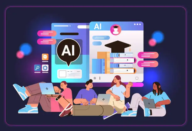 Vector illustration of students learning online in computer app with ai helper bot education assistant e-learning concept