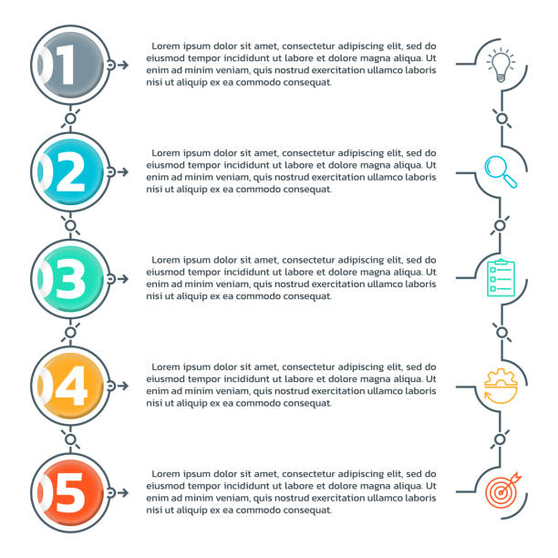 ilustraciones, imágenes clip art, dibujos animados e iconos de stock de 5 pasos, infografía opcional. diagrama de proceso, diseño gráfico de línea de tiempo horizontal con iconos de negocios. plantilla de presentación moderna con 5 números. ilustración vectorial. - 12018