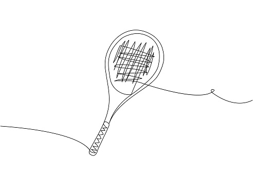 Tennis racket one line art. Continuous line drawing of tennis, string, sport, fitness, sports, activity, club, game, training, leisure, equipment, professional championship play Hand drawn vector illustration