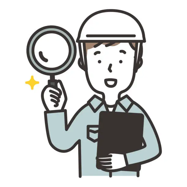 Vector illustration of Illustration of a man in work clothes wearing a helmet and holding a magnifying glass