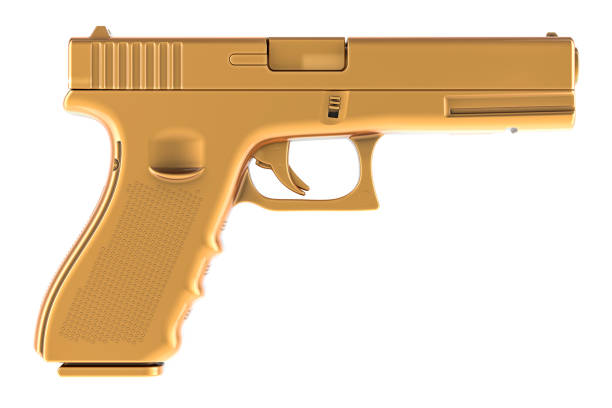 istock Golden gun, gold pistol, side view. 3D rendering 1700128752