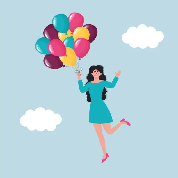 Vector illustration of Happy young woman with bunch of colorful air balloons flying in the sky. Celebration, holiday, birthday, party, dreaming concept.