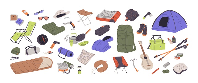Hiking gear set. Travel equipment: tent, backpack, map, sleeping bag, flashlight. Scout camp tools: compass, folding knife, chair. Summer trekking, trip. Flat isolated vector illustration on white.