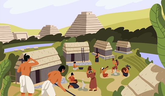 Ancient Mayan village with huts. Maya civilization life. Native American, Indian tribe cooking, working. Aztec pyramids, religion. Mexican landscape with tribal buildings. Flat vector illustration.