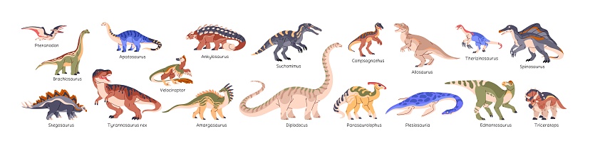 Dinosaurs set. Tyrannosaurus, triceratops, stegosaurus, spinosaurus, diplodocus, pteranodon, brachiosaurus. Ancient animals, reptiles of Jurassic era. Dino flat isolated vector illustration on white.