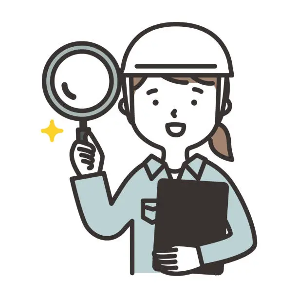 Vector illustration of Illustration of a woman in work clothes wearing a helmet and holding a magnifying glass