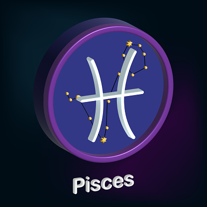 3d illustration, zodiac sign Pisces, sign framed in the shape circle, esotericism and astrology. Modern simple design on a dark background.