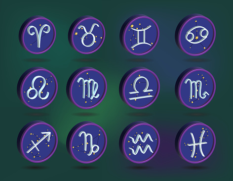 3d set of zodiac sign icons, astrological signs in a round blue shape, with constellations on the background of each zodiac sign. Volumetric signs for astrologers and calendars
