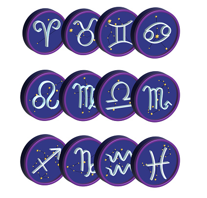 3d set of zodiac sign icons, astrological signs in a round blue shape, with constellations on the background of each zodiac sign. Volumetric signs for astrologers and calendars