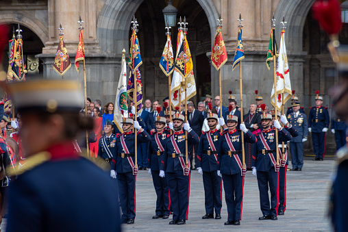 Rome, Italy, October 28 -- Two Carabinieri in high uniform and the medical mask guard the entrance of the Palazzo Madama, seat of the Italian Senate of the Republic, in the historic center of Rome. Image in High Definition format.