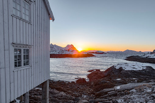 Winter sunrise over the Lofoten archipel in Northern Norway in the town of Svolvear.