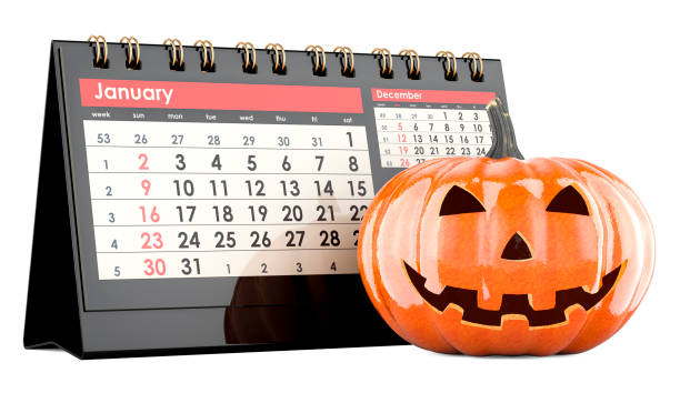 istock Halloween Pumpkin with desk calendar. Halloween party concept. 3D rendering 1700161478