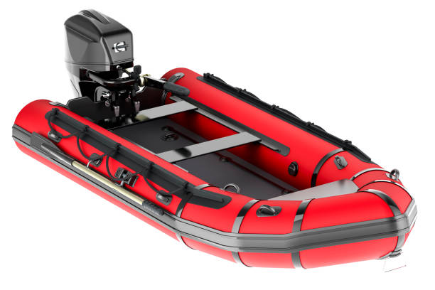 istock Red inflatable boat with outboard motor, 3D rendering 1700164878