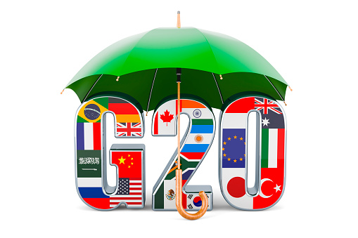 Summit G20 under umbrella, 3D rendering isolated on white background