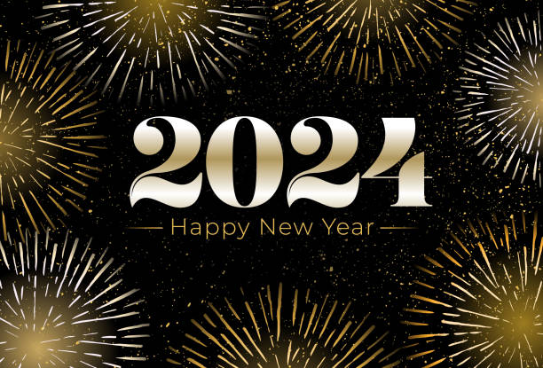 frohes neues jahr 2024 karte mit feuerwerk - new years day stock-grafiken, -clipart, -cartoons und -symbole