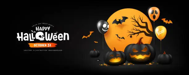 Vector illustration of Happy Halloween party black pumpkins balloon on moon night banner design on black background
