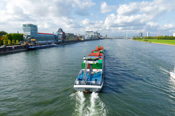 Duisburg, North Rhine-Westphalia, Germany - April 09, 2017: View over Duisburg and the river Rhine with some ships, seen from Ruhrort