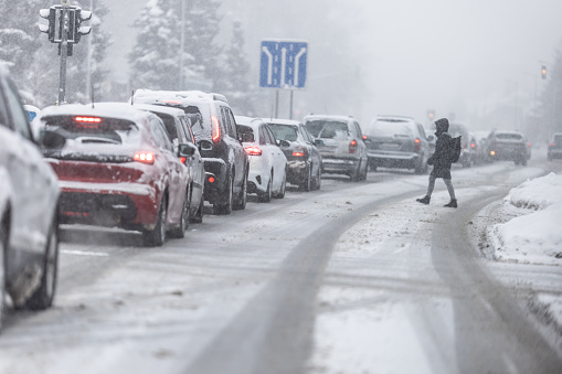 September, 25. 2023 Liptovsky Mikulas, Slovakia. Traffic jam due to heavy snow and ice on the road.