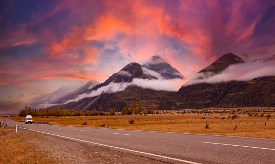 The mountain landscape view of sunset sky background over Aoraki mount cook national park,New zealand