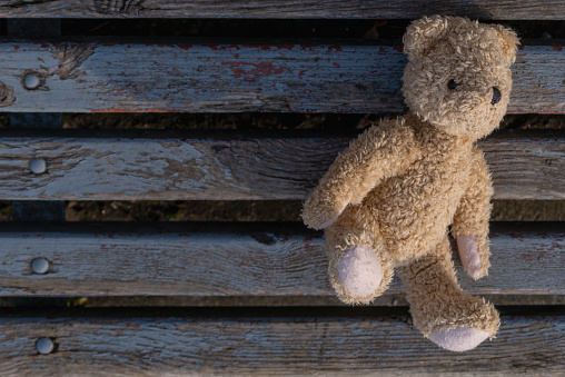 Conceptual image: lost childhood, loneliness and pain. Dirty toy Teddy bear lying down outdoors. Copy space for text or design.