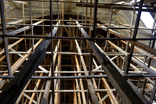 Wood formwork and scaffolding for pouring concrete and support a newly poured concrete for a heavy mosque dome, a new mosque under construction, building a new grand Masjid for Islamic prayers, selective focus