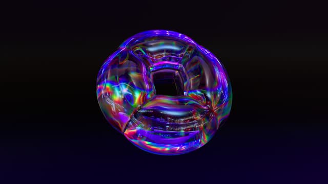 CD DVD spins on a black background and turns into an inflatable donut-shaped balloon. Blue neon color. 3D animation