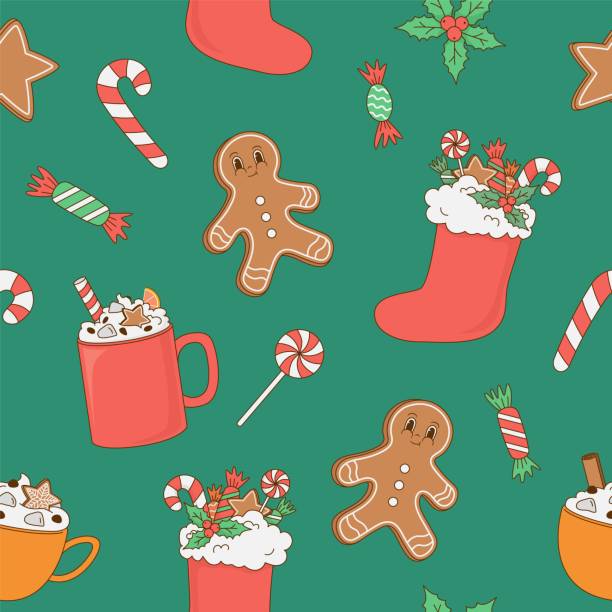 Retro cartoon seamless pattern with gingerbread, sweets, stocking, coffee on green background. Retro cartoon seamless pattern with gingerbread, sweets, stocking, coffee on green background. Vector illustration. Wrapping paper, greeting card, New Year decoration food sample cups stock illustrations