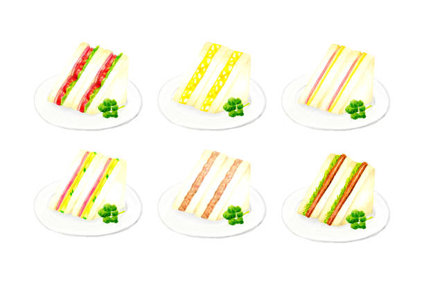 illustrazioni stock, clip art, cartoni animati e icone di tendenza di set di panini contorno. illustrazioni ad acquerello disegnate a mano di cibo delizioso. - chef lunch food gourmet