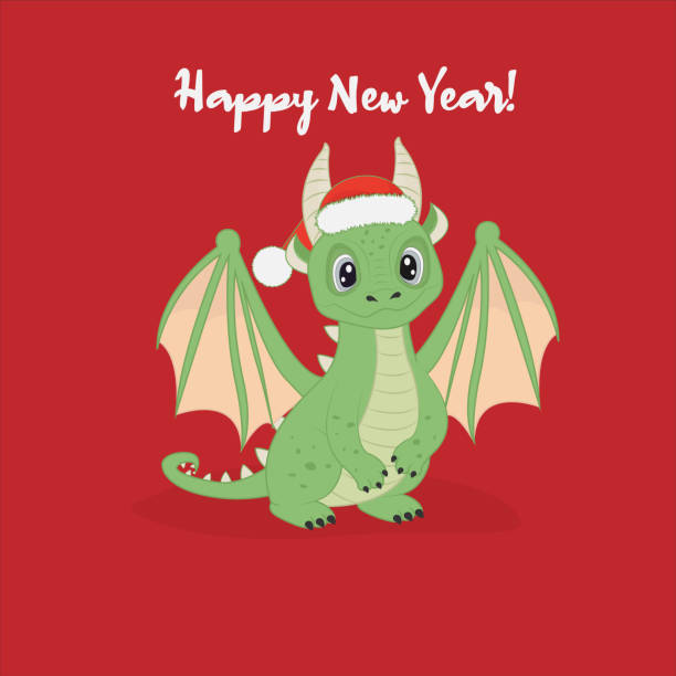 istock 2024 New Year green cartoon cute dragon with Santa hat red background. 1700241430