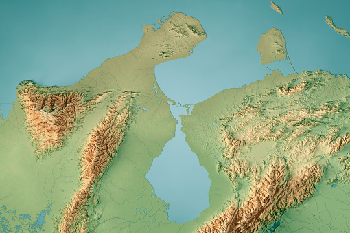3D Render of a Topographic Map of Lake Maracaibo in Venezuela. \nAll source data is in the public domain.\nColor texture: Made with Natural Earth.\nhttp://www.naturalearthdata.com/downloads/10m-raster-data/10m-cross-blend-hypso/\nWater texture: SRTM Water Body SWDB: https://dds.cr.usgs.gov/srtm/version2_1/SWBD/\nRelief texture: SRTM data courtesy of NASA JPL (2020). URL of source image:\nhttps://e4ftl01.cr.usgs.gov//DP133/SRTM/SRTMGL3.003/2000.02.11