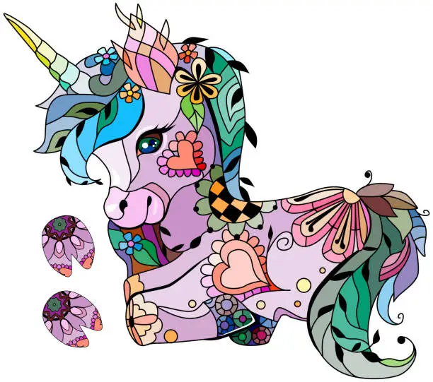 Vector illustration of Cute cartoon unicorn with hoof prints. Fantastic animal. Colorful image. For the design of prints, posters, stickers, tattoos.