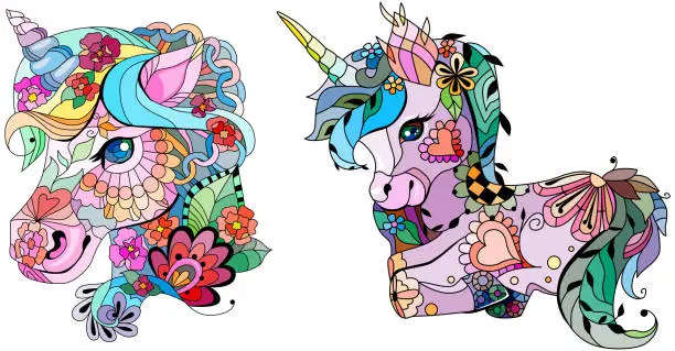 Vector illustration of Set of cute cartoon unicorns. Fantastic animal. For the design of prints, posters, stickers, tattoos.