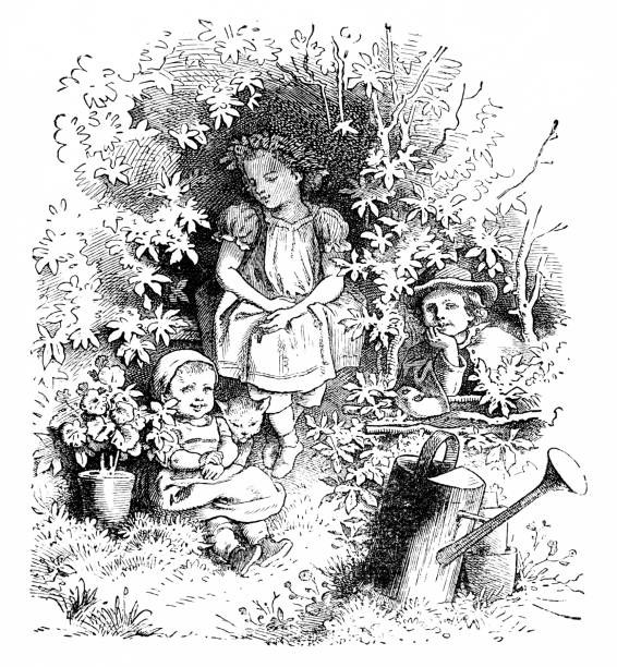 Engraving of children in garden. Source - Papa's Pretty Gift Book, published by Thomas Nelson and Sons, New York and S. W. Partridge and Co., London, 1881.