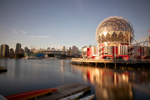 False Creek View of Science World Vancouver Canada with a view of Downtown Vancouver including BC Place Stadium