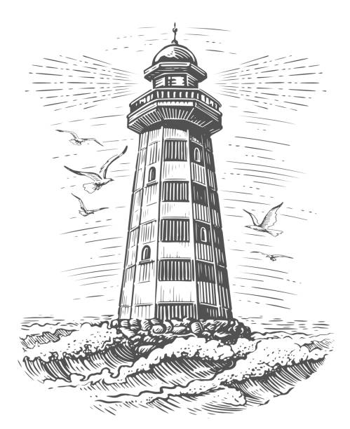 illustrations, cliparts, dessins animés et icônes de vieux phare vintage et vagues de la mer. illustration de style gravure de balise - sea storm lighthouse rough