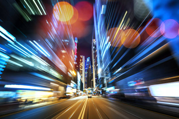 Abstract motion-blurred view from a moving tram Hongkong