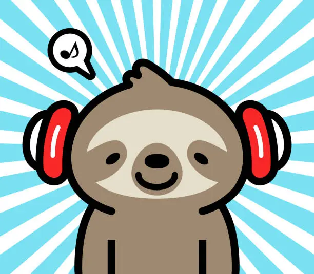 Vector illustration of Cute character design of a little sloth wearing headphones