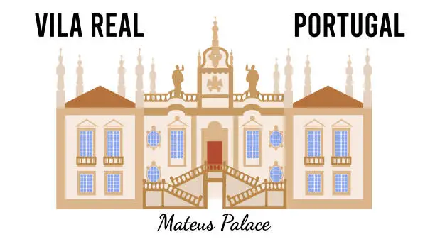 Vector illustration of Mateus palace  at Vila Real, Portugal. Flat-style illustration for design souvenir postcards