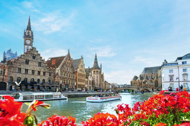 Ghent from the river Leie stock photo